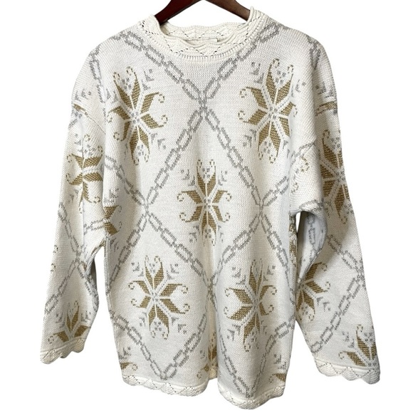 Vintage Dana Scott White Silver & Gold Metallic Snow Flake Holiday Sweater Sz L - Picture 1 of 7